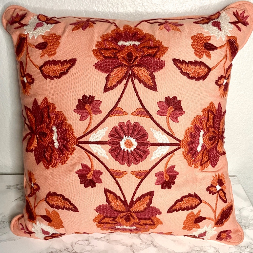 Embroidered Red and Orange Throw Pillow